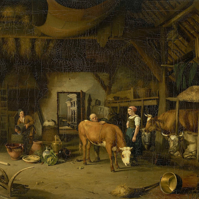 man in white dress shirt sitting on chair beside cow