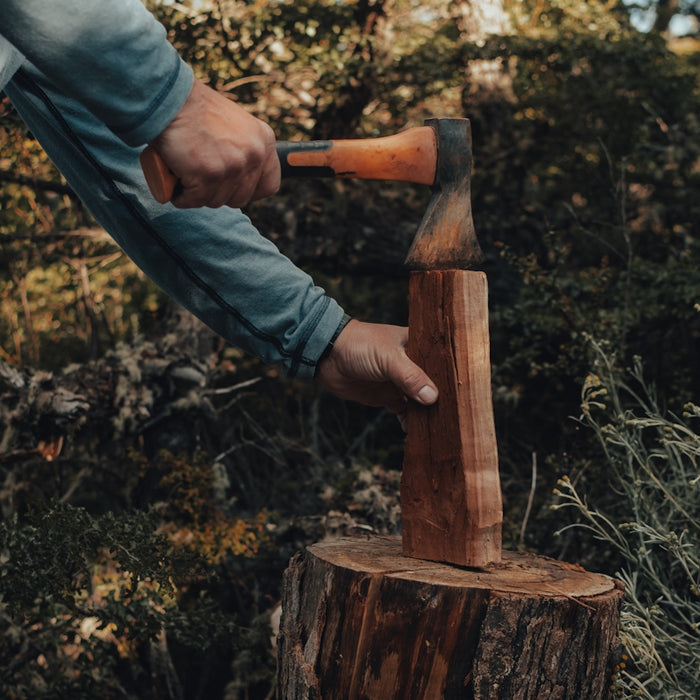 a man holding a large axe over a tree stump